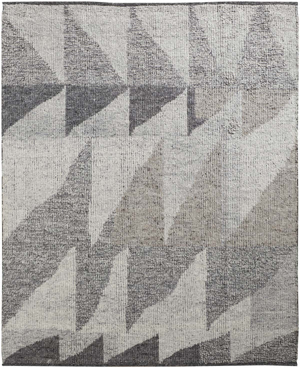Close-up of the Feizy Alford Area Rug. Hand-knotted wool rug with a modern geometric pattern in ivory, gray, and taupe. Design-Rectangle