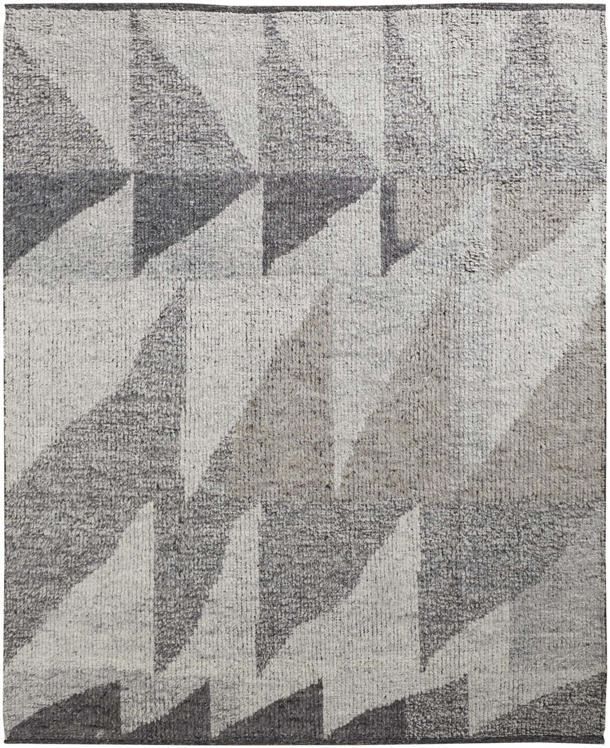 Close-up of the Feizy Alford Area Rug. Hand-knotted wool rug with a modern geometric pattern in ivory, gray, and taupe. Design-Rectangle