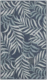 Close-up of the Nourison Garden Oasis Navy Tropical Area Rug, featuring a woven leaf pattern in shades of navy and white.