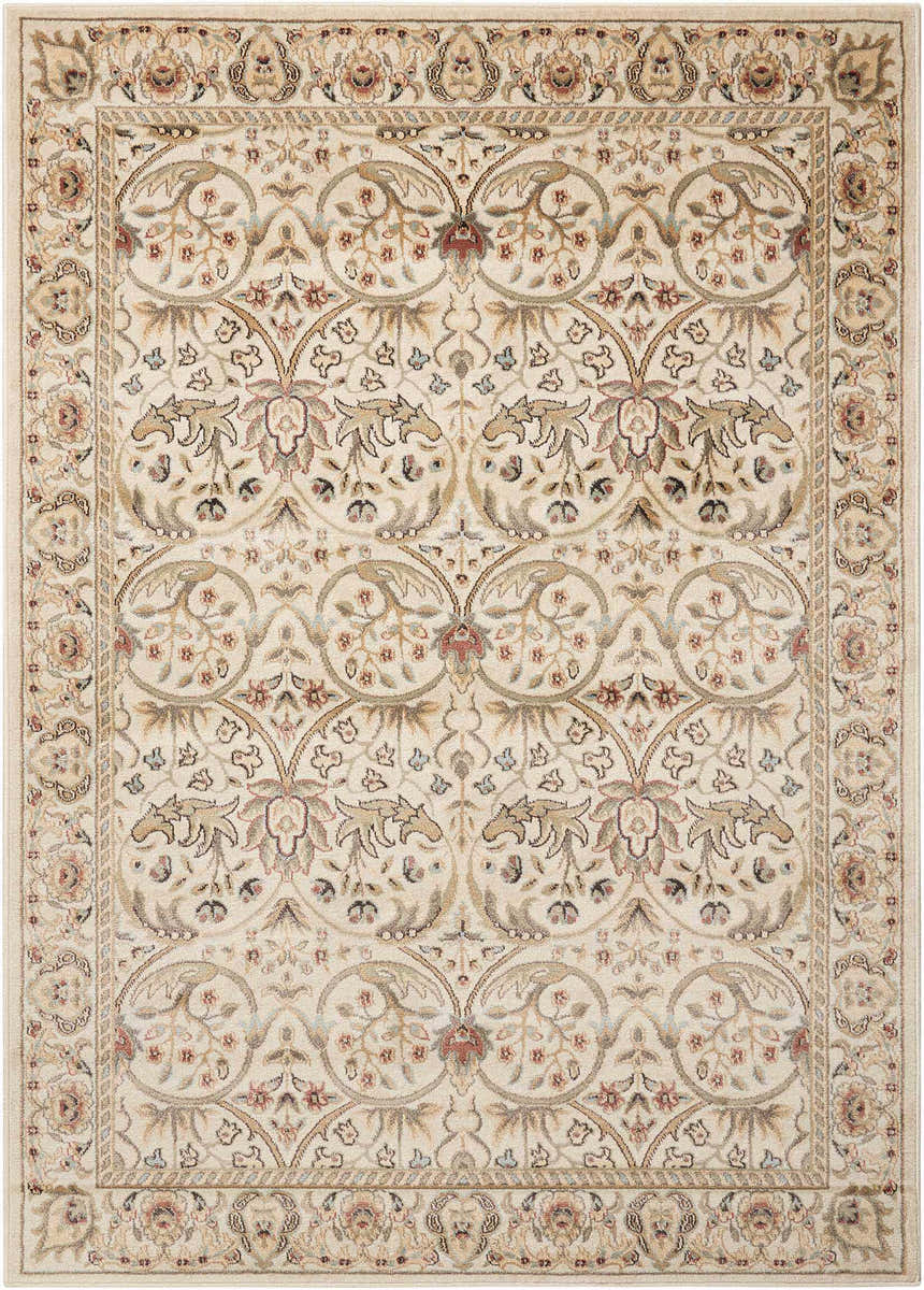 Close-up of the Nourison Walden Ivory Indoor Area Rug, showcasing its floral and vine design in chestnut tones.