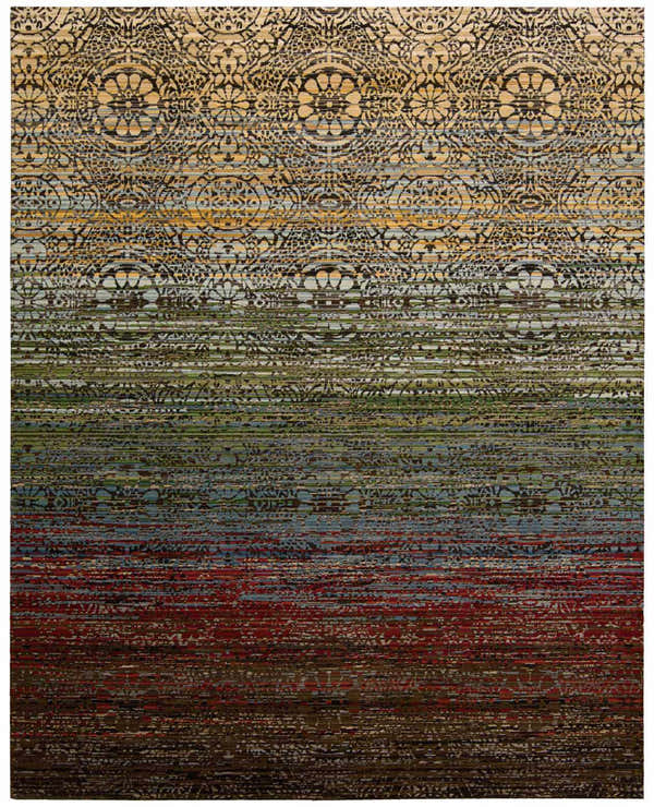 Close-up of the Nourison Rhapsody Multicolor rug. Floral pattern in beige, gold, green, blue, and red hues. Machine made.