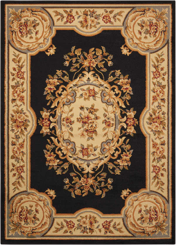 Close-up of the Nourison Paramount Black Vintage Area Rug, showcasing its floral pattern and classic design.