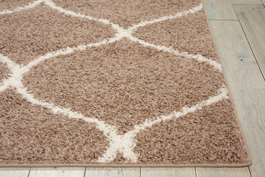 Close up of Nourison Windsor Cappuccino Shag Rug. The rug is shag with a cream geometric diamond pattern.