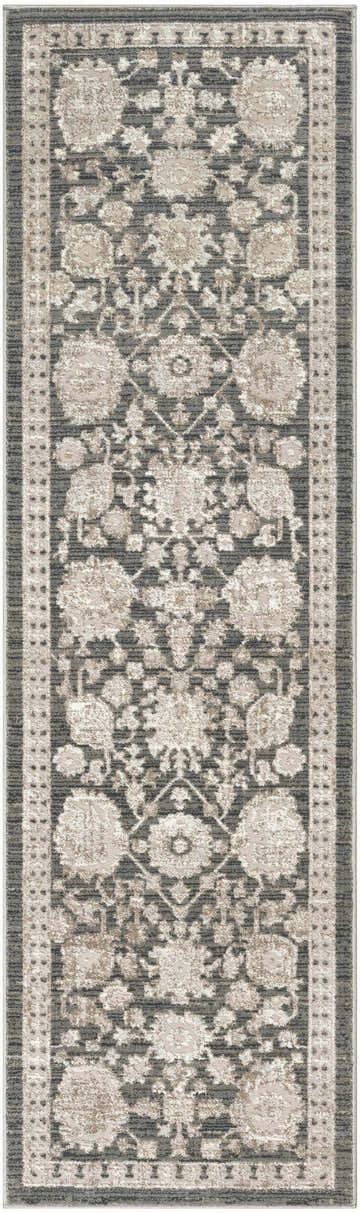 Close-up of the Nourison Eco Cycle Charcoal Vintage rug, featuring a taupe floral pattern on a dark gray background.
