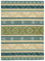 Close-up of Nourison India House Blue Green Persian rug. Wool rug with stripes and geometric designs in blue, green, and beige.