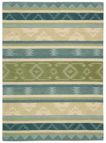 Close-up of Nourison India House Blue Green Persian rug. Wool rug with stripes and geometric designs in blue, green, and beige.