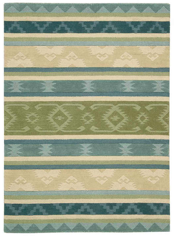 Close-up of Nourison India House Blue Green Persian rug. Wool rug with stripes and geometric designs in blue, green, and beige.