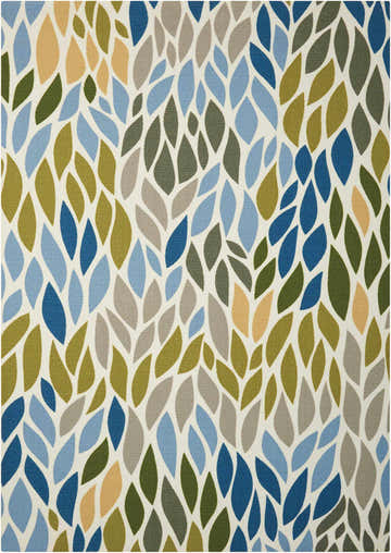 Close-up of the Nourison Home & Garden Multicolor Mid-Century Modern Area Rug with a leaf pattern in blue, green, gray, and tan.