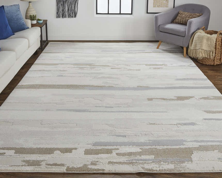 Living room with a Feizy Vancouver ivory, tan, and brown abstract area rug. Roomscene-Rectangle