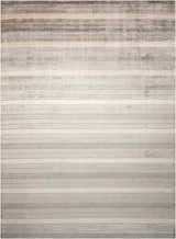 Close-up of Nourison Aura Silver Shadow rug featuring a horizontal striped pattern in shades of silver, beige, and gray.