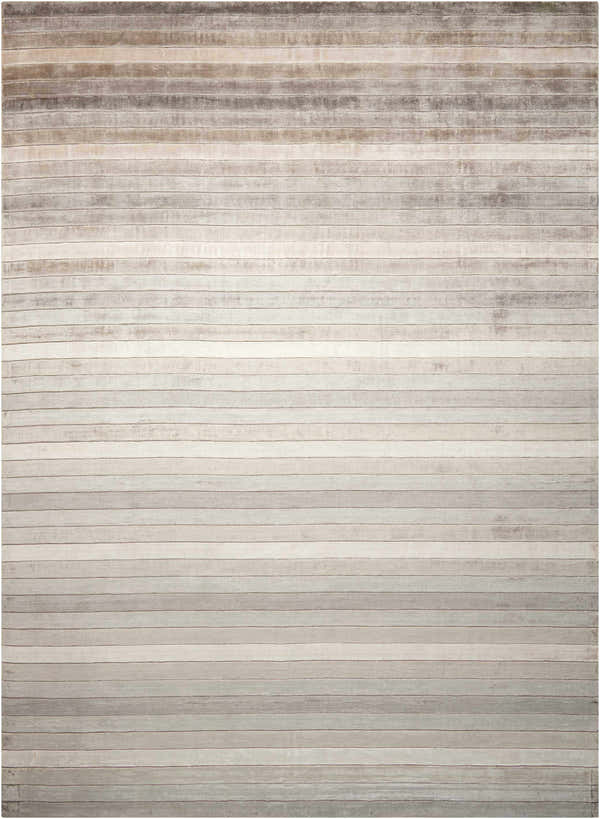 Close-up of Nourison Aura Silver Shadow rug featuring a horizontal striped pattern in shades of silver, beige, and gray.