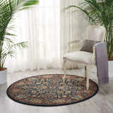 Sunlit room with Nourison 2020 Navy Traditional rug, plants, and chair. Farmhouse style with navy, teal, and orange tones.