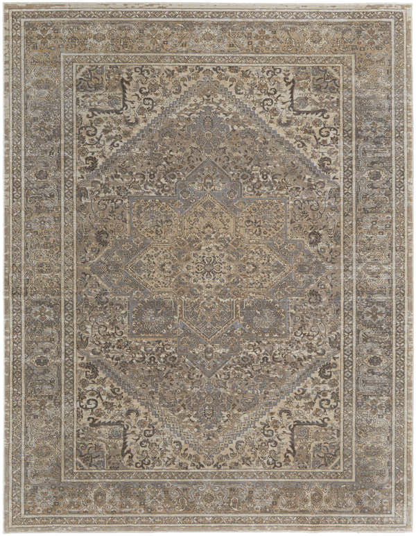 Feizy Celene Traditional Medallion Area Rug in tan, brown, and ivory featuring a vintage, floral-inspired design. Design-Rectangle