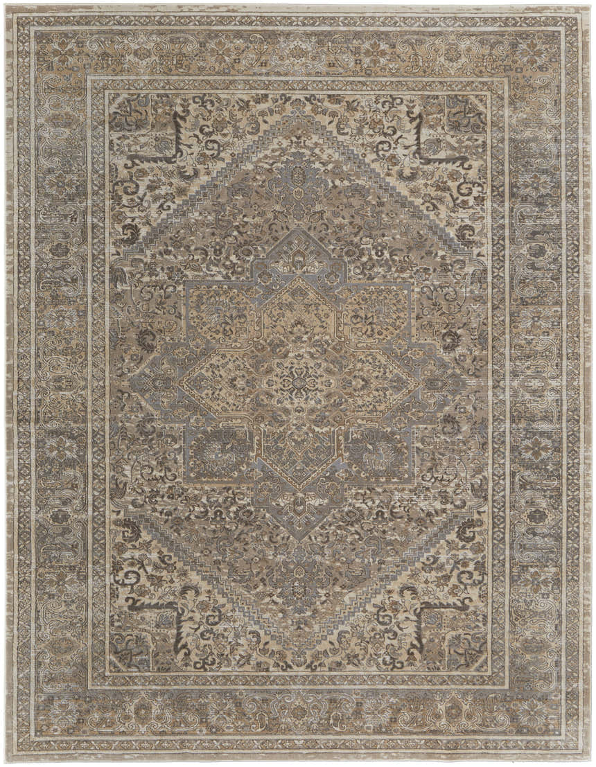 Feizy Celene Traditional Medallion Area Rug in tan, brown, and ivory featuring a vintage, floral-inspired design. Design-Rectangle