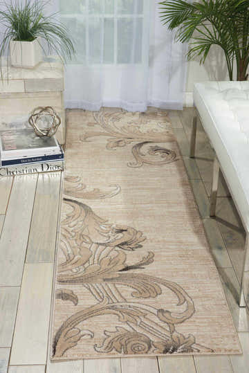 Entryway with Nourison Maxell Mocha rug runner, light brown floral pattern, white bench, sheer curtains, and wood floors.