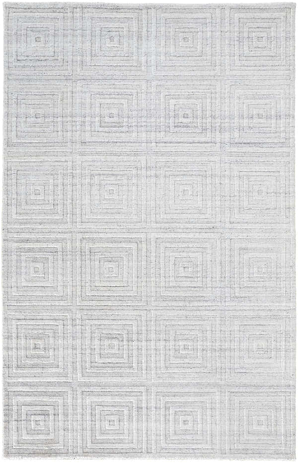 Close-up of the Feizy Redford Silver Gray rug. Hand-woven wool and viscose with a geometric square pattern. Design-Rectangle