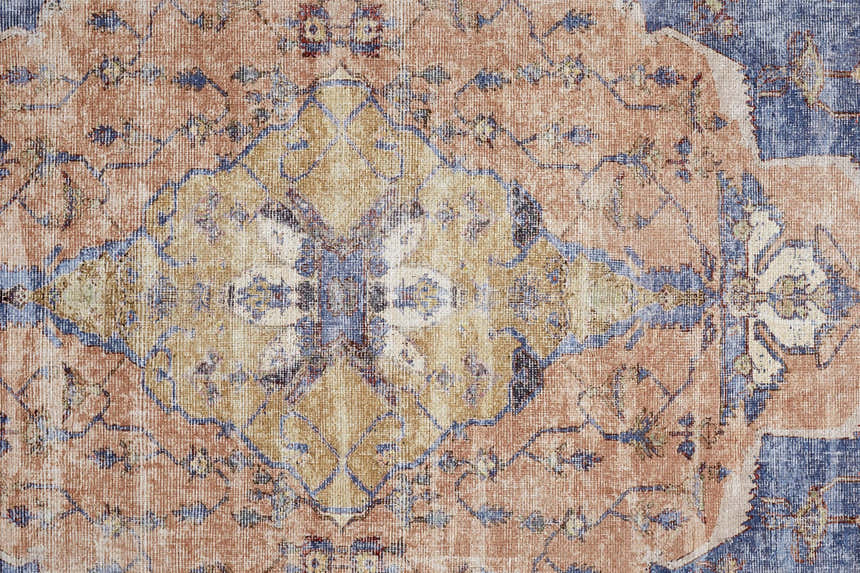 Close-up of the Feizy Percy rug. Medallion design in red, tan, and blue hues. Transitional style with distressed texture. Texture