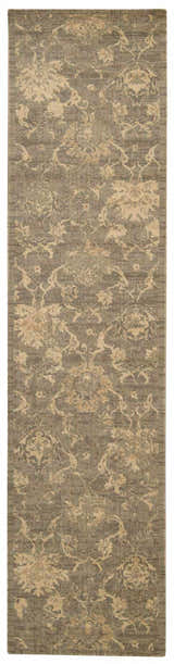 Close-up of the Nourison Silken Allure Moss vintage runner rug, featuring an olive and beige floral pattern.