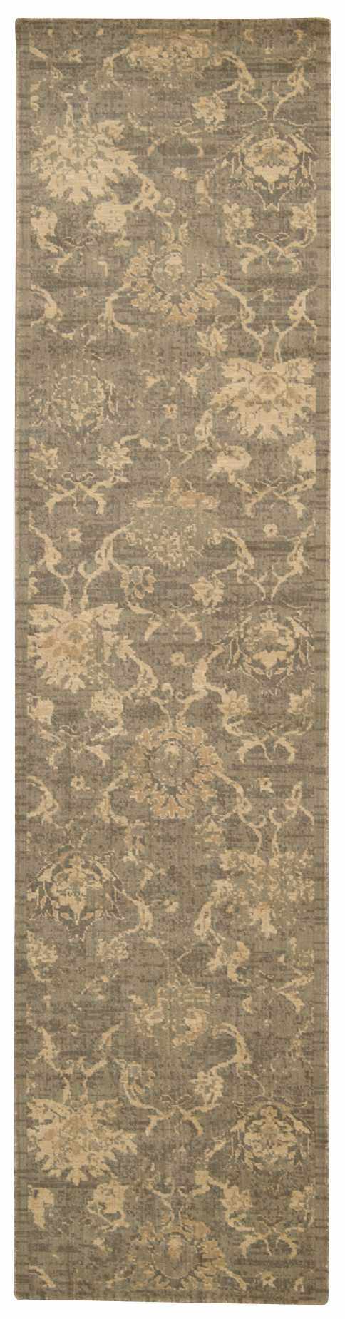 Close-up of the Nourison Silken Allure Moss vintage runner rug, featuring an olive and beige floral pattern.