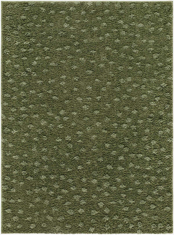 Close-up of the Cansu Area Rug. Machine woven polyester rug in shades of green with a subtle dotted pattern. Design-Rectangle-537