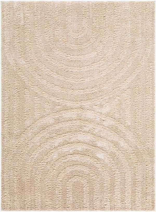 Close-up of the Arnel Area Rug, a beige and ivory polyester rug with a subtle, contemporary arc pattern. Design-Rectangle-537