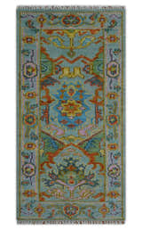 Ready to Ship 2.6x6 Hand Knotted Olive, Rust and Gray Moss Oushak Wool Rug