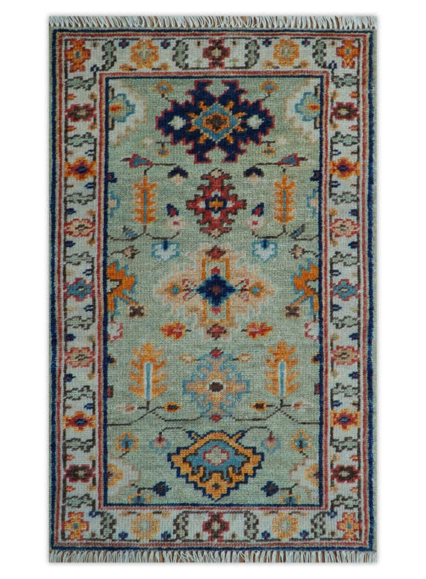 Ready to Ship 3x5 Antique Green and Ivory Traditional Hand knotted Wool Rug