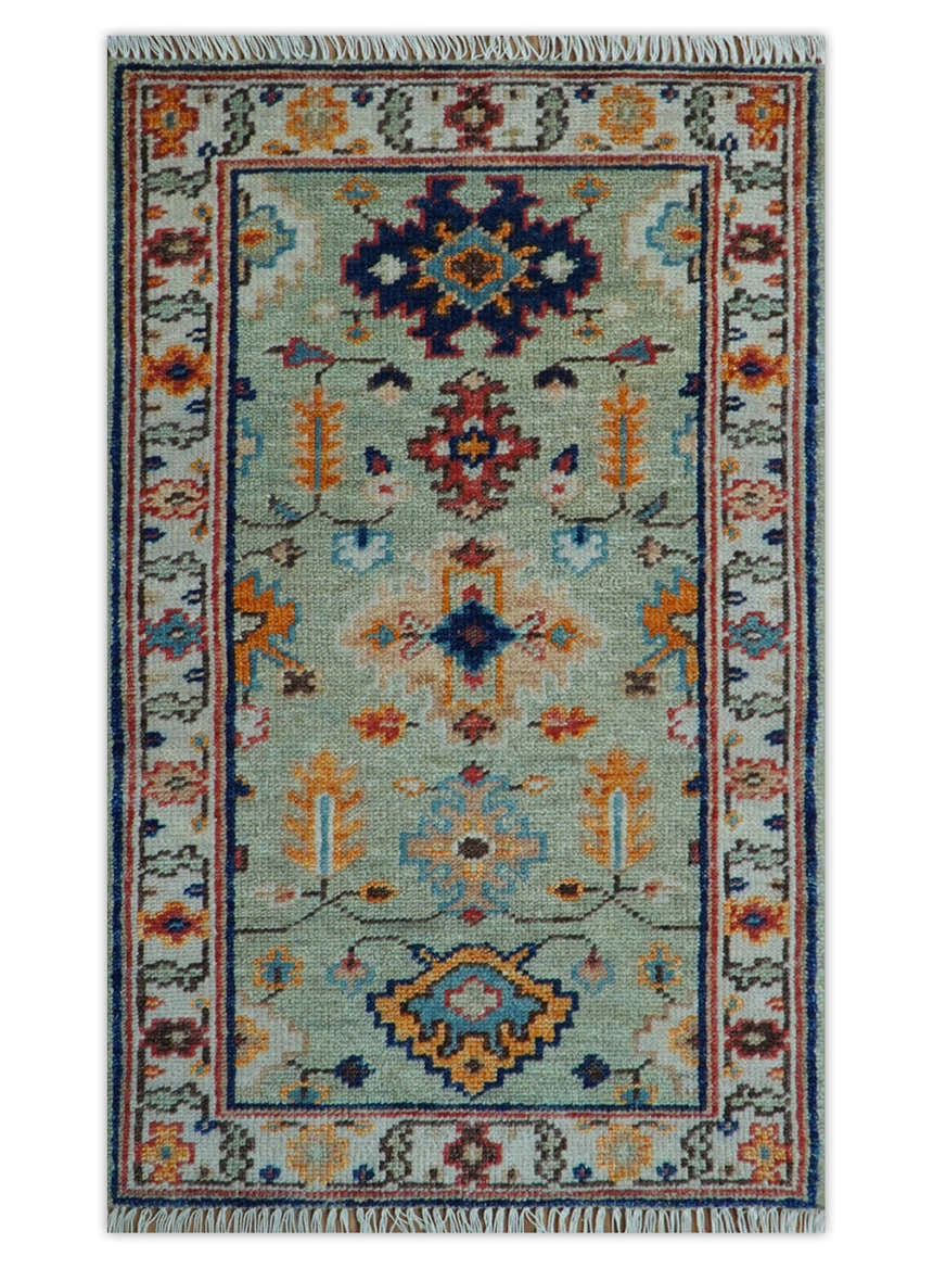 Ready to Ship 3x5 Antique Green and Ivory Traditional Hand knotted Wool Rug