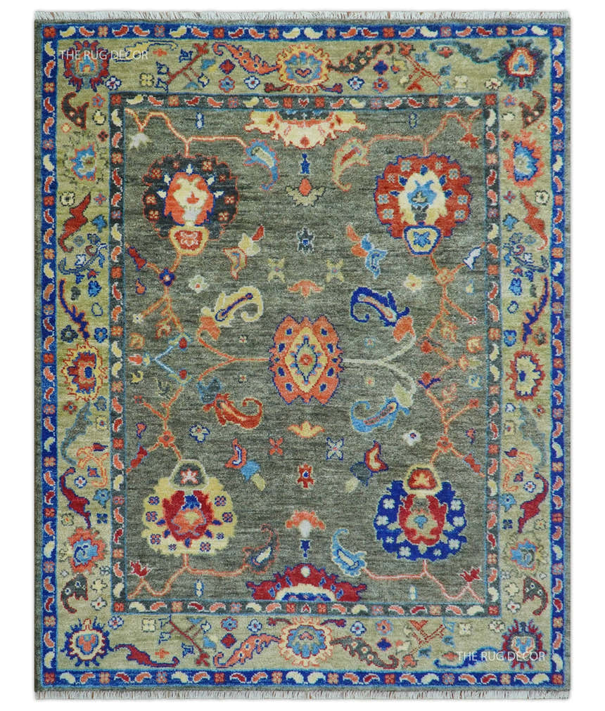 Ready to Ship 7x9 Feet Oushak Olive And Rust Hand Knotted Wool Rug