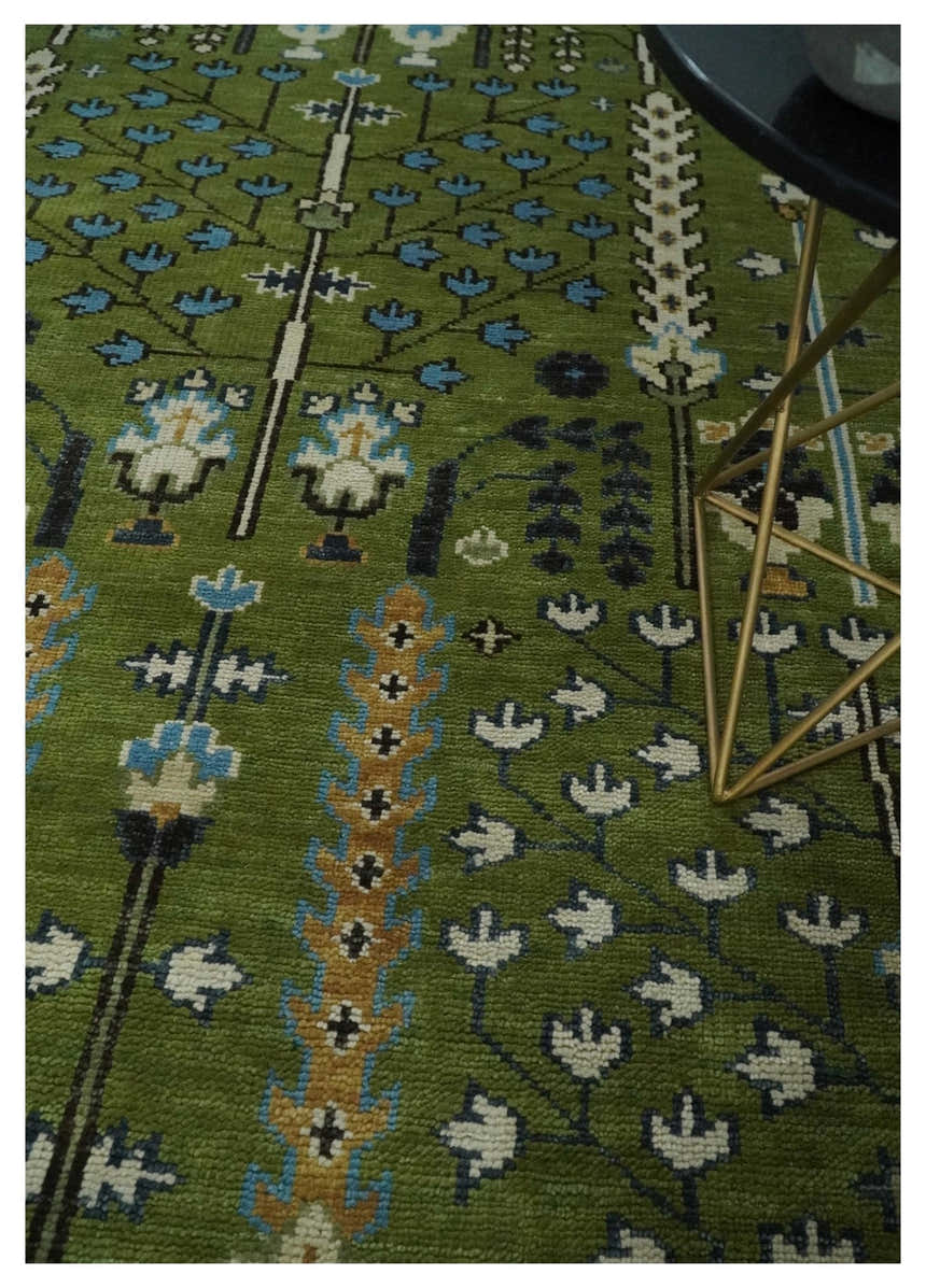 Ready to Ship Hand Knotted Green and Ivory Traditional Wool Area Rug