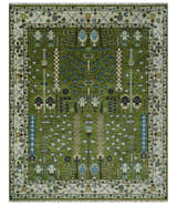 Ready to Ship Hand Knotted Green and Ivory Traditional Wool Area Rug