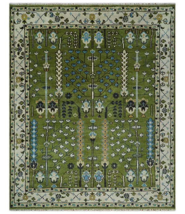 Ready to Ship Hand Knotted Green and Ivory Traditional Wool Area Rug