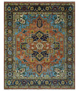Ready to Ship 8x10 Rust and Blue Traditional Hand Knotted Wool Area Rug