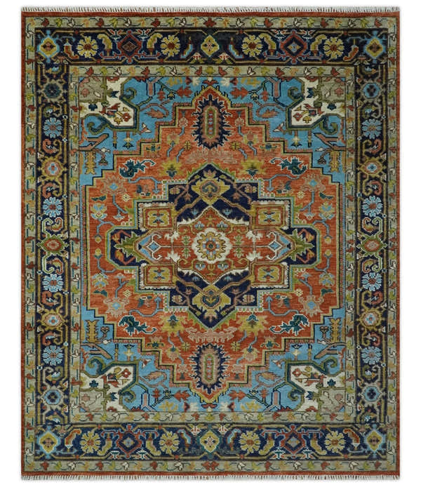 Ready to Ship 8x10 Rust and Blue Traditional Hand Knotted Wool Area Rug