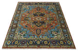 Ready to Ship 8x10 Rust and Blue Traditional Hand Knotted Wool Area Rug