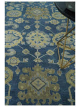 Ready to Ship 9x12 Hand Knotted Blue and Beige Traditional Oushak Wool Rug