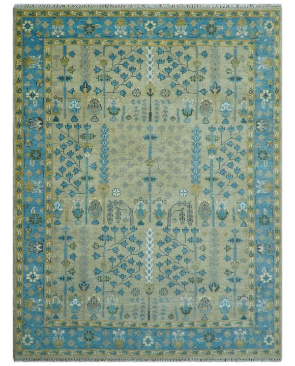 Ready to Ship 9x12 Tree of life Beige and Blue Traditional Hand Knotted Wool Rug
