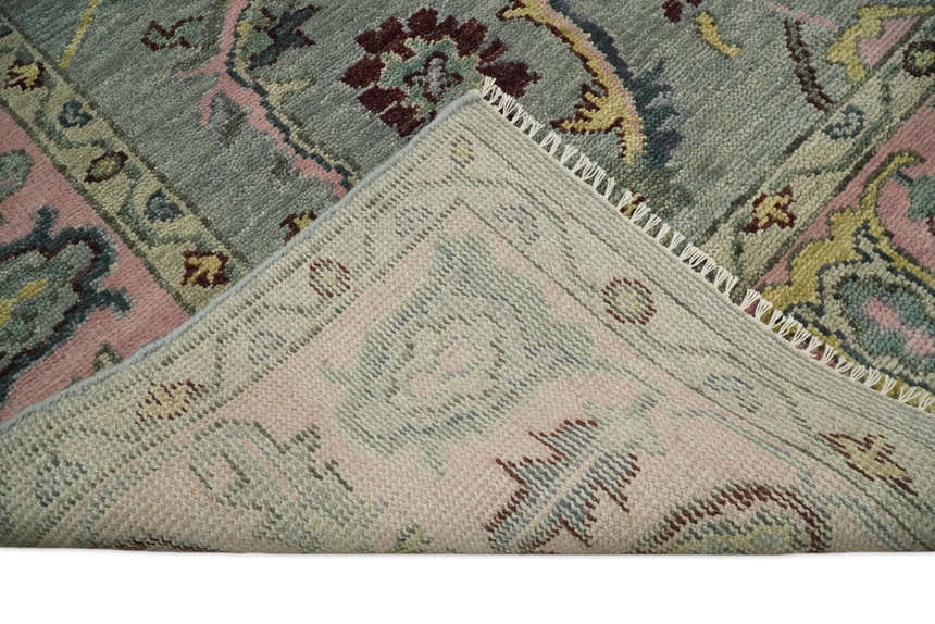 Ready to Ship Aqua and Pink Traditional Oushak Wool Area Rug