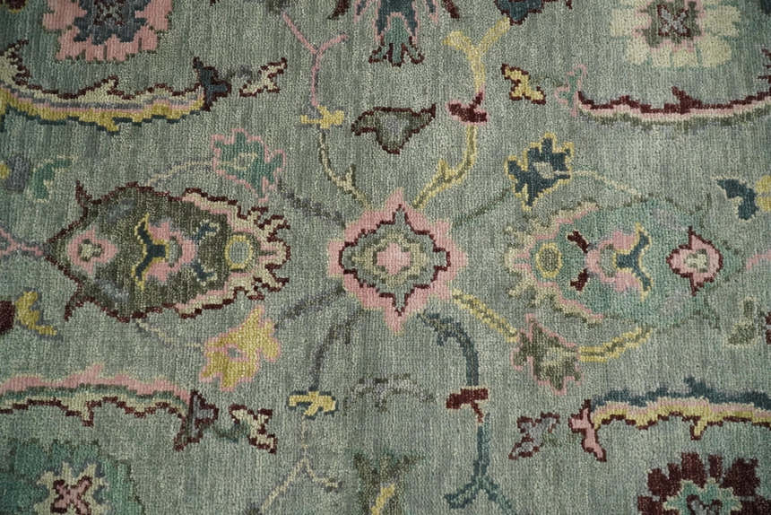 Ready to Ship Aqua and Pink Traditional Oushak Wool Area Rug