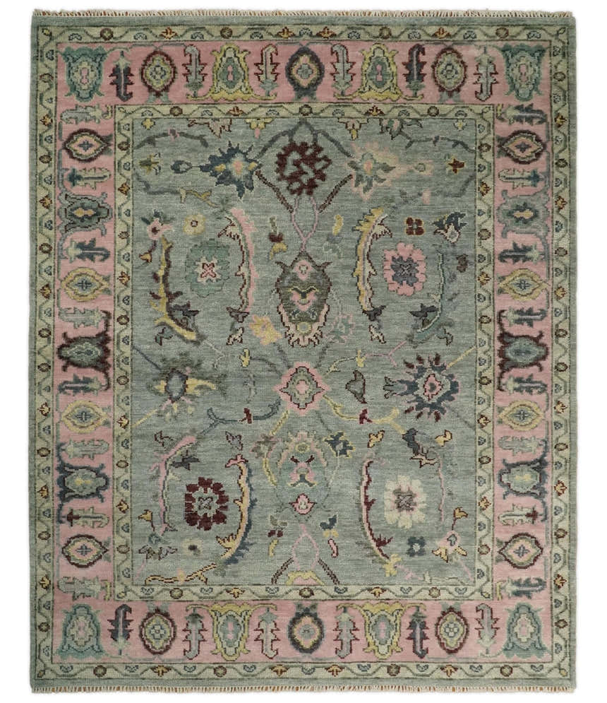 Ready to Ship Aqua and Pink Traditional Oushak Wool Area Rug