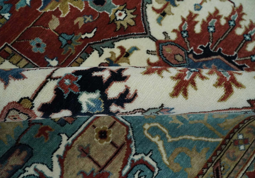Ready to Ship Blue, Rust and Ivory 8x10 Hand knotted Traditional Wool Area Rug