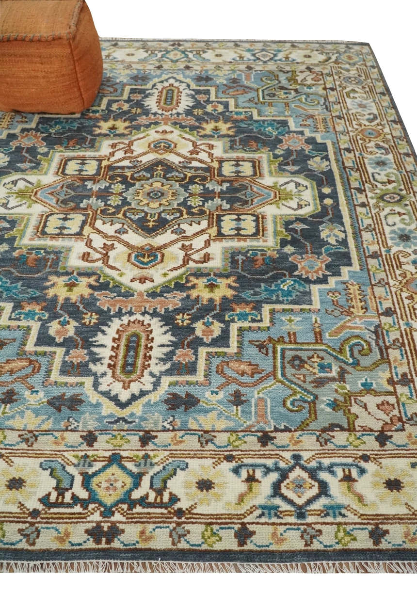 Ready to Ship Hand Knotted Antique Style Turkish Heriz Medallion Ivory and Blue Wool Rug