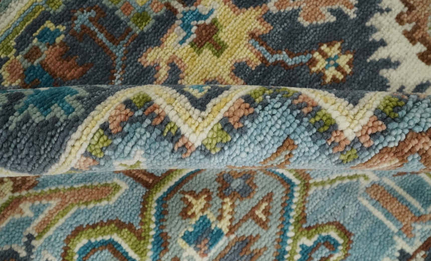 Ready to Ship Hand Knotted Antique Style Turkish Heriz Medallion Ivory and Blue Wool Rug