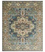 Ready to Ship Hand Knotted Antique Style Turkish Heriz Medallion Ivory and Blue Wool Rug