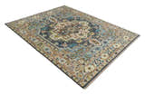 Ready to Ship Hand Knotted Antique Style Turkish Heriz Medallion Ivory and Blue Wool Rug