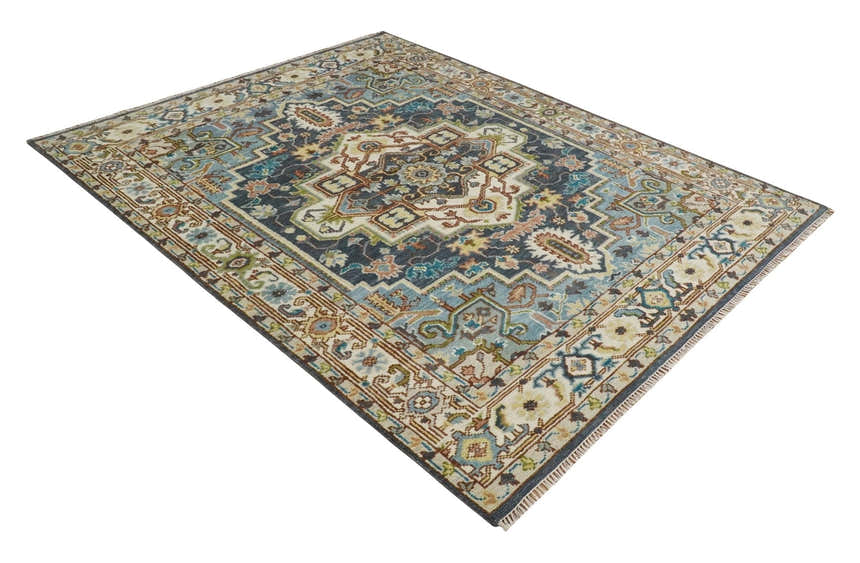 Ready to Ship Hand Knotted Antique Style Turkish Heriz Medallion Ivory and Blue Wool Rug