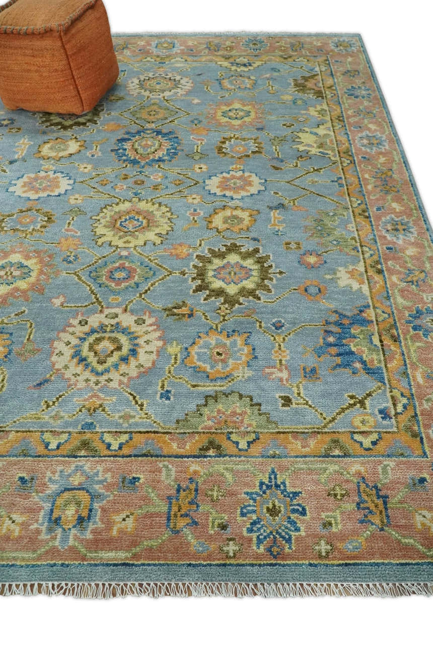 Ready to Ship Hand Knotted Blue and Rust Modern Oushak Area Rug
