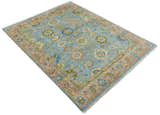 Ready to Ship Hand Knotted Blue and Rust Modern Oushak Area Rug