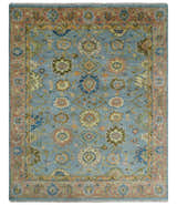 Ready to Ship Hand Knotted Blue and Rust Modern Oushak Area Rug