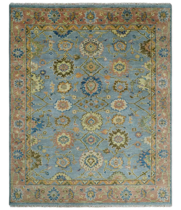 Ready to Ship Hand Knotted Blue and Rust Modern Oushak Area Rug